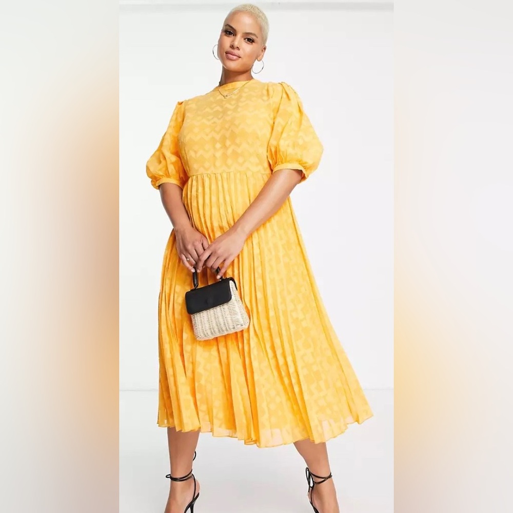 ASOS | Yellow pleated midi dress with 3/4 sleeve